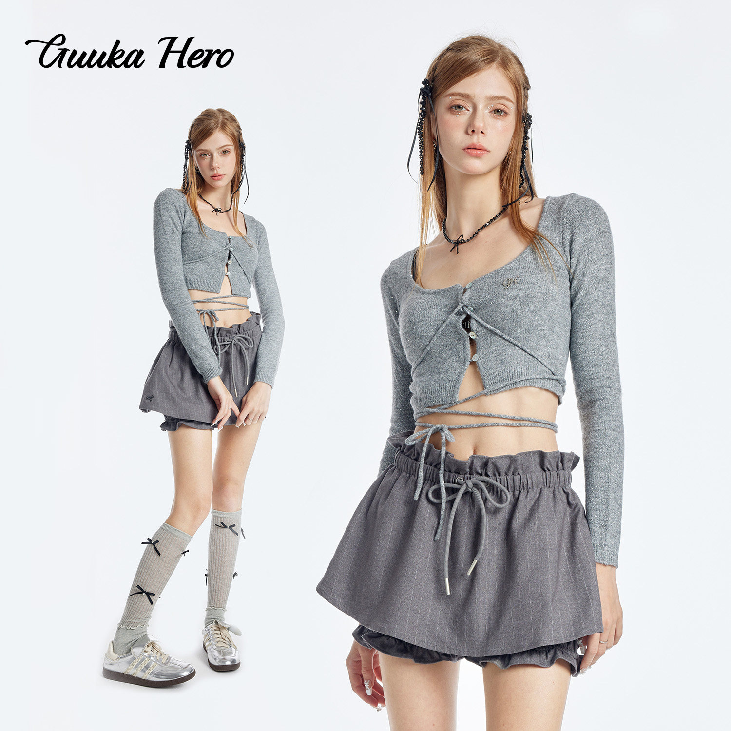 GUUKAHERO灰色短款开衫毛衣女美式辣妹大U领性感修身系带针织上衣