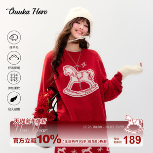 GUUKAHERO圣诞新年圆领红色毛衣女 上衣 木马提花秋冬绵羊毛针织衫