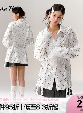 GUUKAHERO正肩波点拼接飘带长袖衬衫女 甜美风花边可收腰宽松上衣