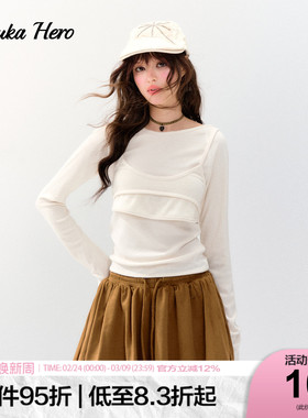 GUUKAHERO米白磨毛圆领插肩长袖T恤女韩系吊带背心两件套磨毛上衣