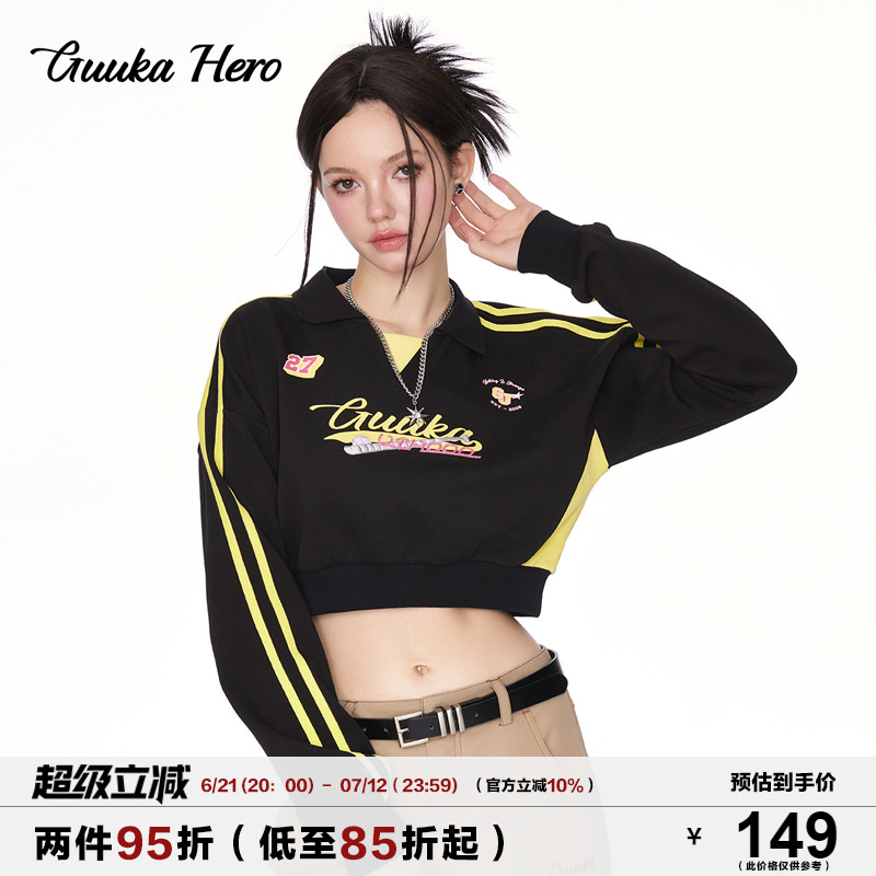 GUUKAHERO黑色短款落肩卫衣女 刺绣翻领秋季长袖美式字母印花上衣