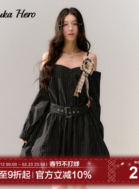 GUUKAHERO黑色格纹吊带长袖衬衫连衣裙女 甜酷风露肩收腰花苞短裙