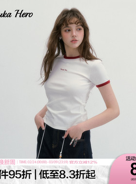 【林允同款】GUUKAHERO撞色圆领正肩短袖T恤美式辣妹上衣修身显瘦