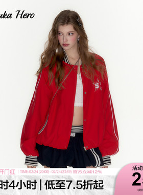 GUUKAHERO红色条纹撞色棒球夹克女 许杨玉琢同款休闲宽松运动外套