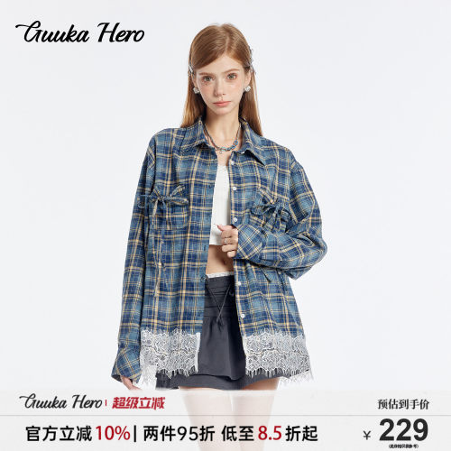 GUUKAHERO格子蕾丝花边长袖衬衫