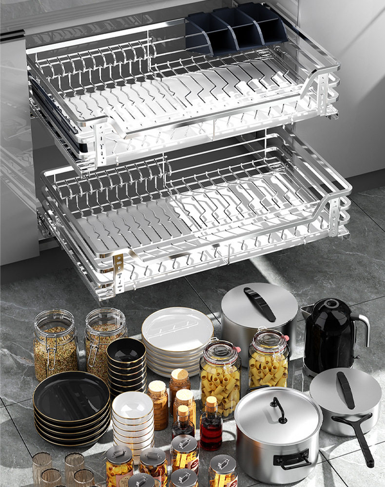 拉篮厨房橱柜304不锈钢抽屉式碗架厨柜碗柜双层阻尼沥水碗碟拉蓝