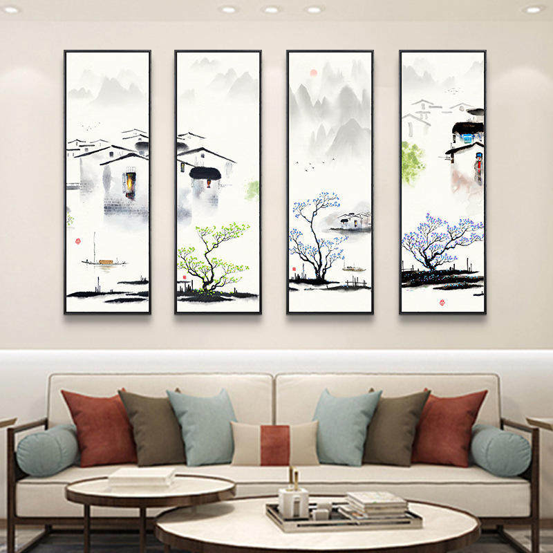 江南水乡客厅挂画新中式沙发背景墙四联装饰画茶室竖版禅意水墨画