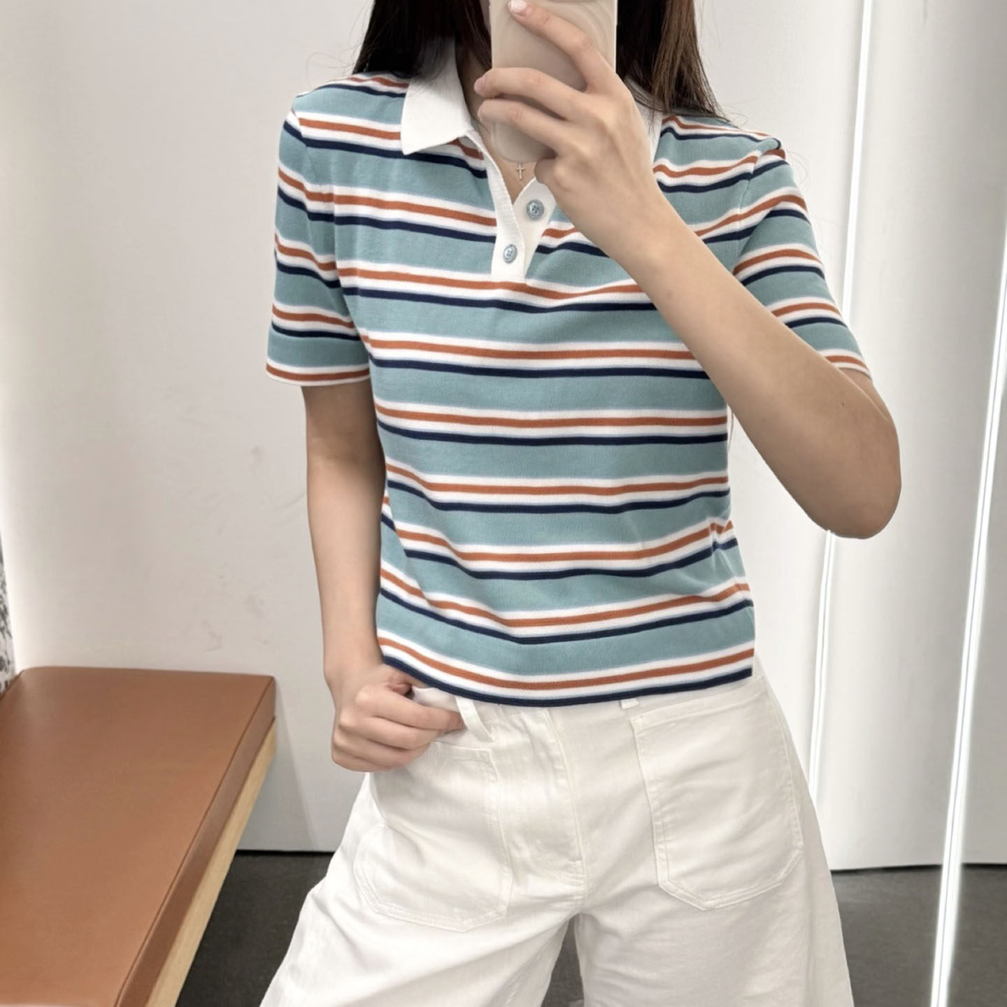 棉线休闲风条纹翻领短袖针织polo