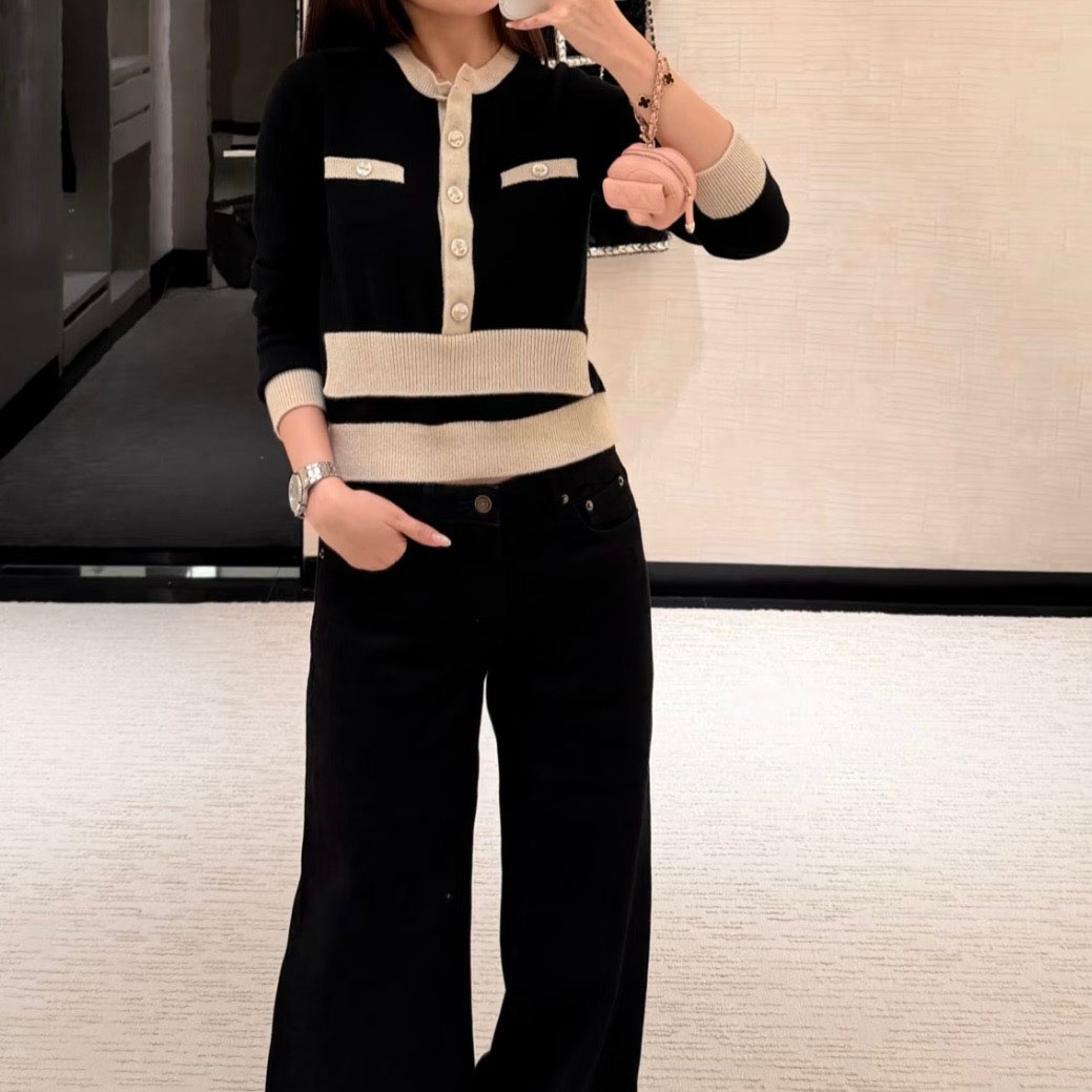 篙品质~山羊绒面料 25k 假两件撞色针织衫上衣 半裙 裤子 套装 女