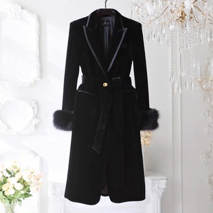 时尚女冬季新款金丝绒夹棉大衣西装领加厚棉服女显瘦收腰系带外套