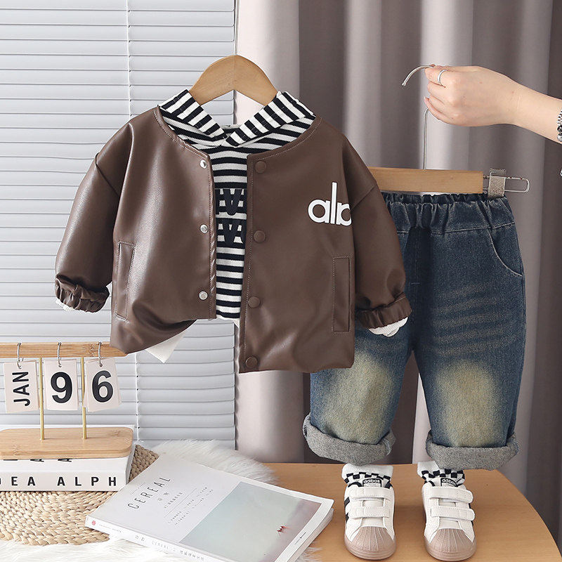 小童洋气夹克套装婴儿外穿衣服时尚儿童春装男宝宝皮衣外套三件套,童装/婴儿装/亲子装,套装,淘宝优惠券,粉丝福利购,淘宝优惠卷