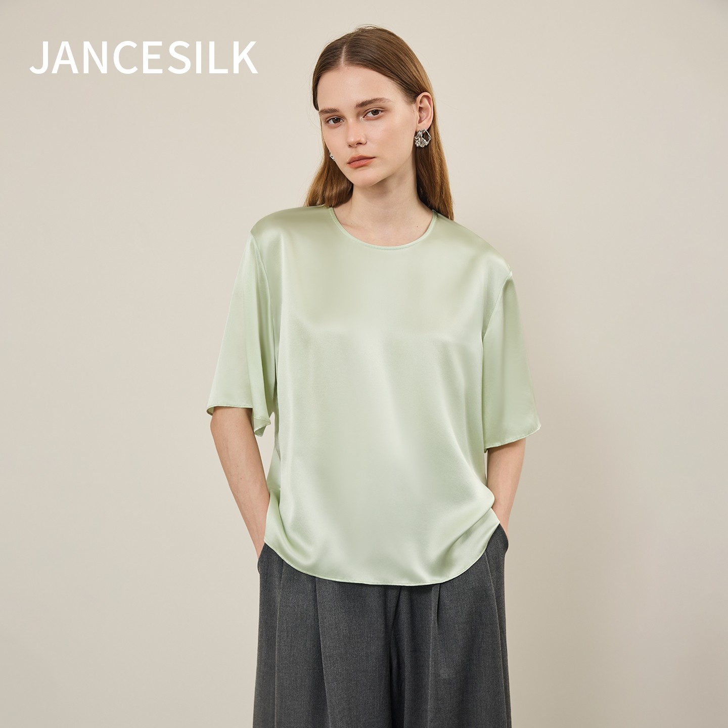 JANCESILK19姆米真丝上衣中袖圆领女100%桑蚕丝舒适短袖2026夏款