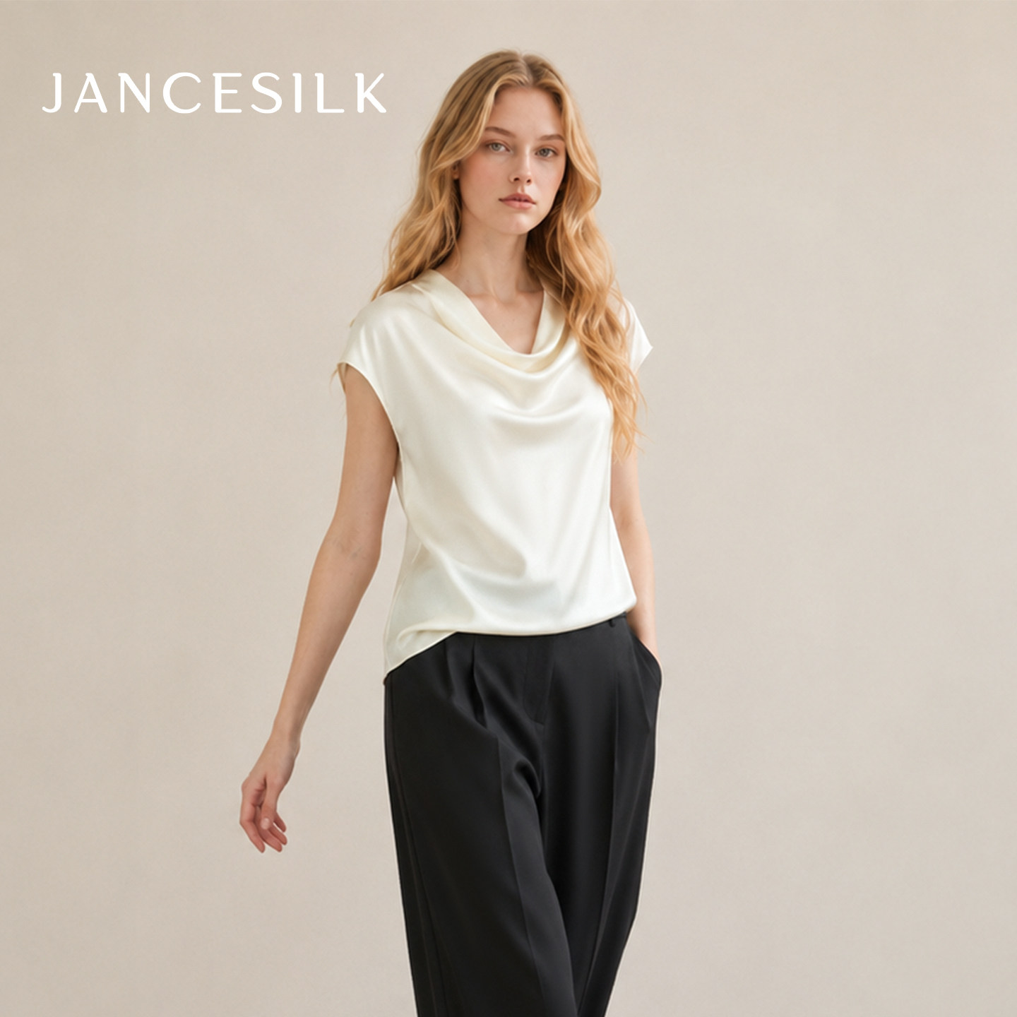 JANCESILK22姆米真丝上衣荡领连肩盖袖100%桑蚕丝真丝盖袖衬衫女