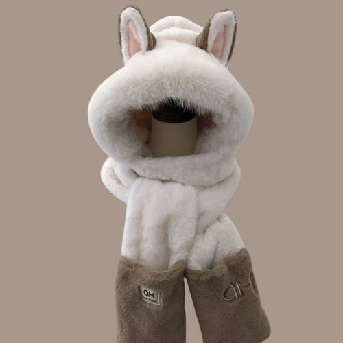 冬天火狐狸耳朵保暖毛茸茸滑雪围巾手套一体帽子女加厚三件套