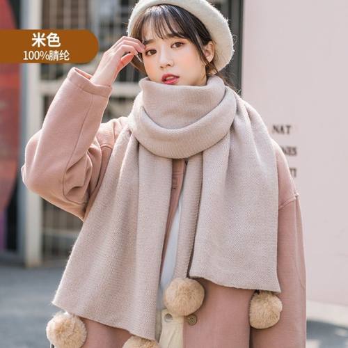 秋冬季纯色加厚保暖针织毛球围巾百搭学生情侣围脖针织围巾女士