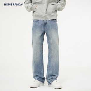 HomePanda浅色宽松牛仔裤男春秋季美式高街潮牌vibe微喇直筒裤子