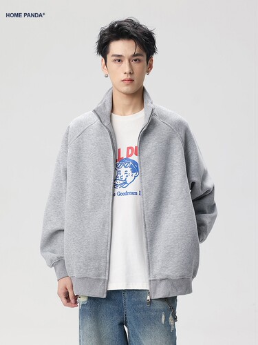 Homepanda重量级立领纯色开衫运动衫男士春秋季美式夹克拉炼运动