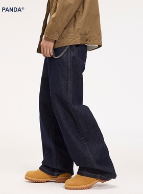 HomePanda美式宽松直筒加绒牛仔裤男秋冬季丹宁原色阔腿A字长裤子