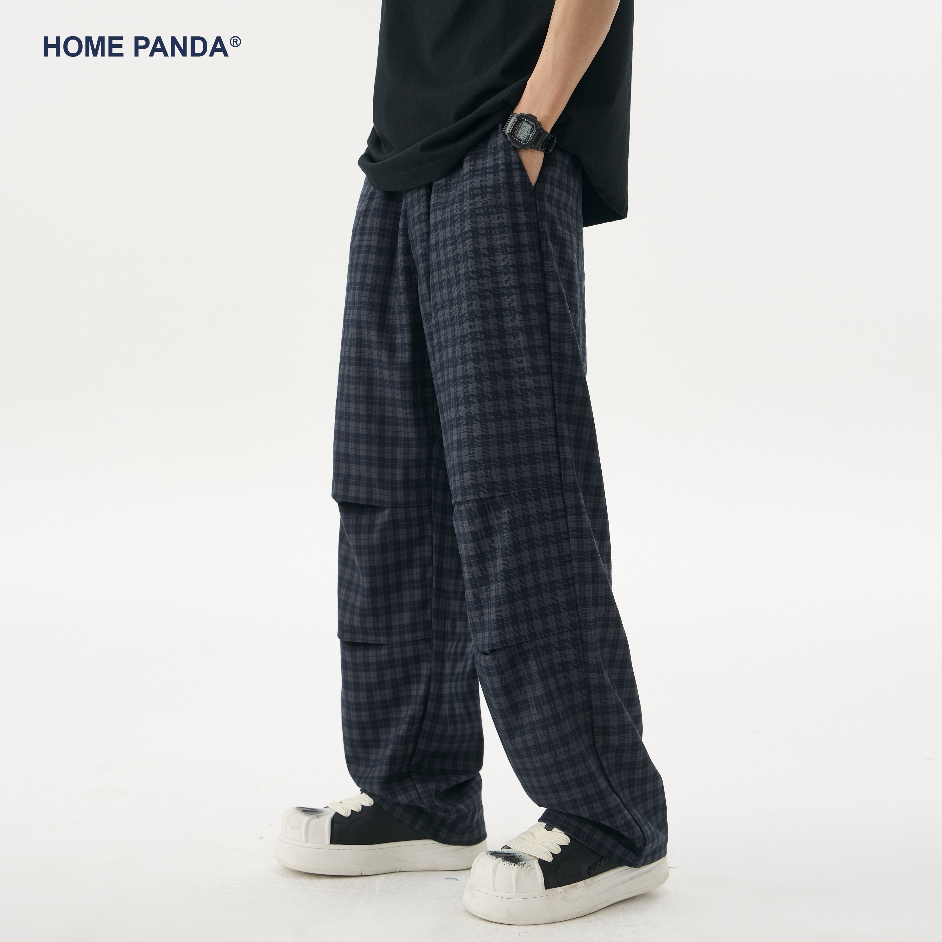 HomePanda撞色格子阔腿休闲裤男