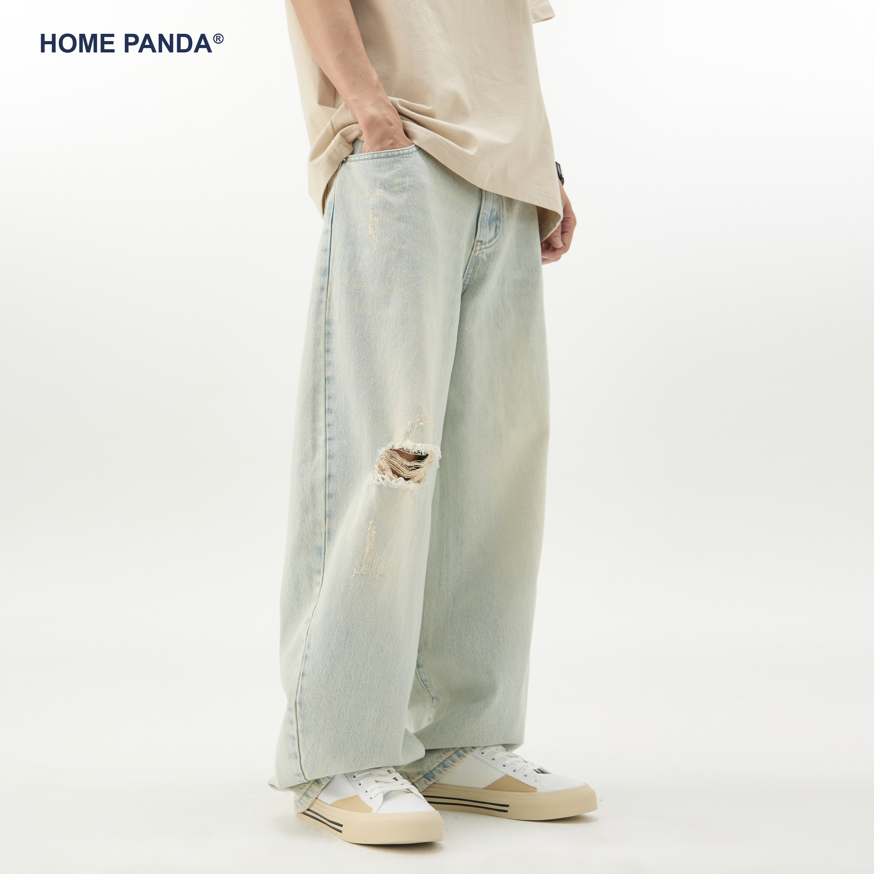 HomePanda破洞直筒牛仔裤男