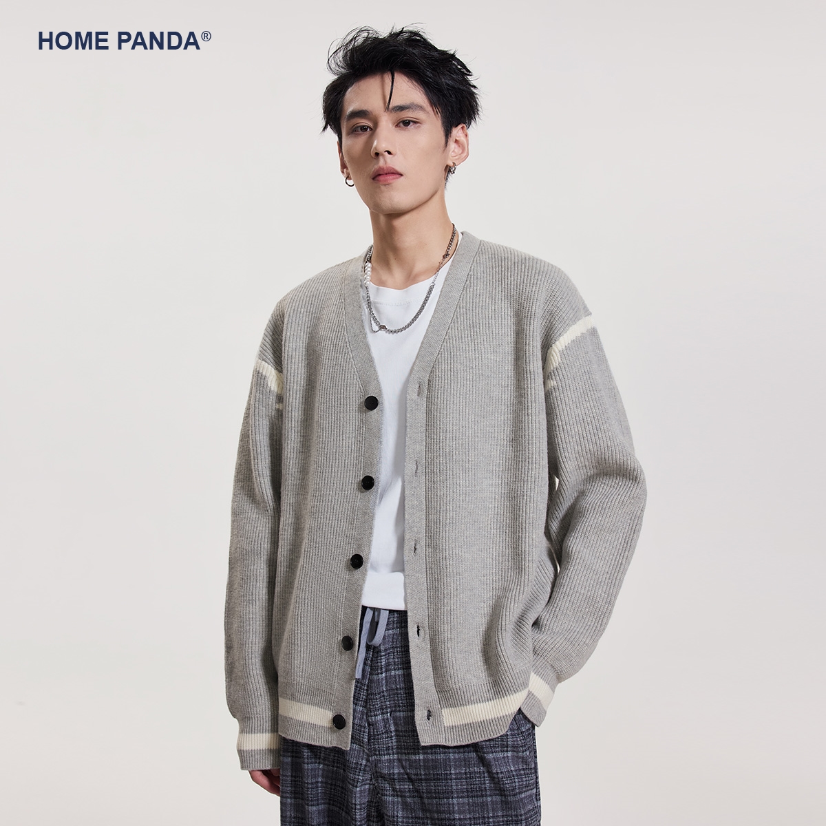 HomePanda美式V领针织开衫毛衣男