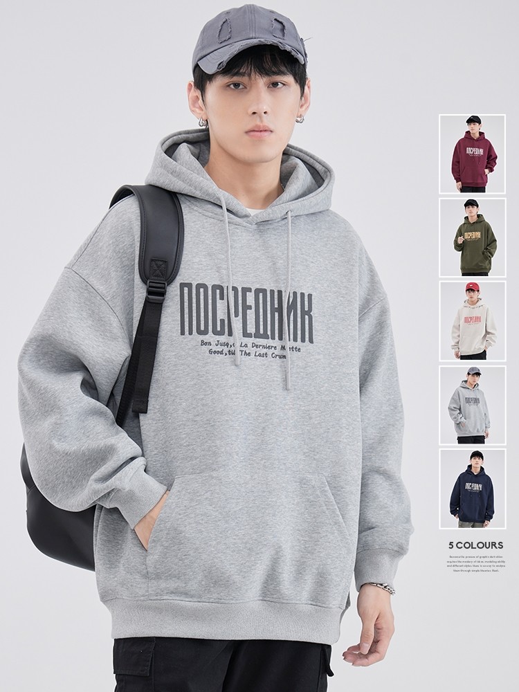 Homepanda重型连帽美式运动衫男士春秋季灰色套头衫长袖印花宽松