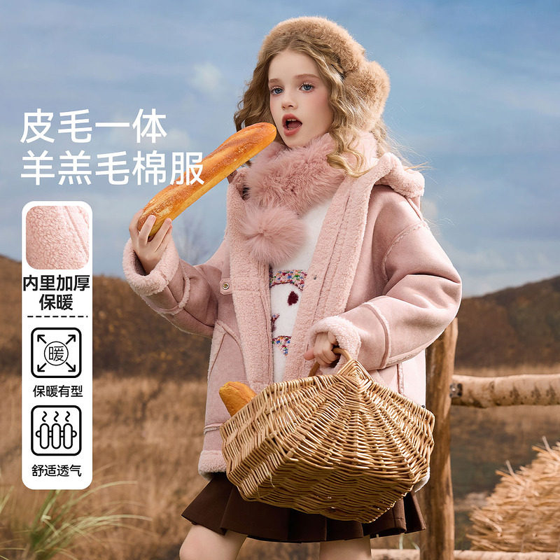 【2025冬季新款】ASKjunior儿童外套女童皮毛一体羊羔毛保暖棉服