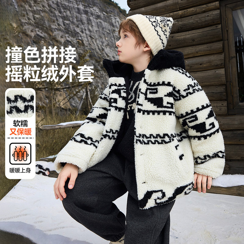 ask儿童外套2025冬季新款男童撞色拼接上衣摇粒绒外衣