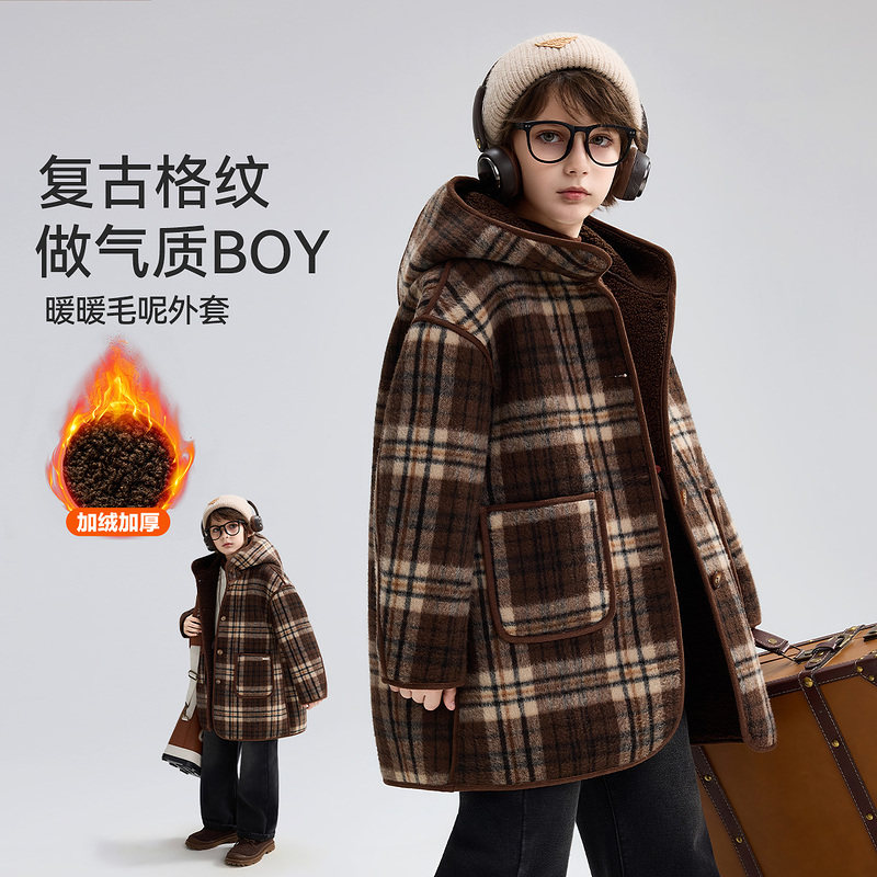 ASKjunior儿童外套2025冬季新款男童格纹撞色连帽保暖上衣