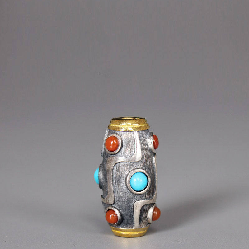 原创手工制S925银九眼天珠镶嵌松石南红菩提文玩配件手串背云顶珠