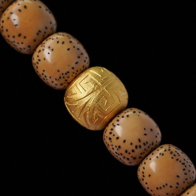 925纯银镀金博古纹隔珠文玩百香籽椰蒂金刚星月菩提手串文玩配饰