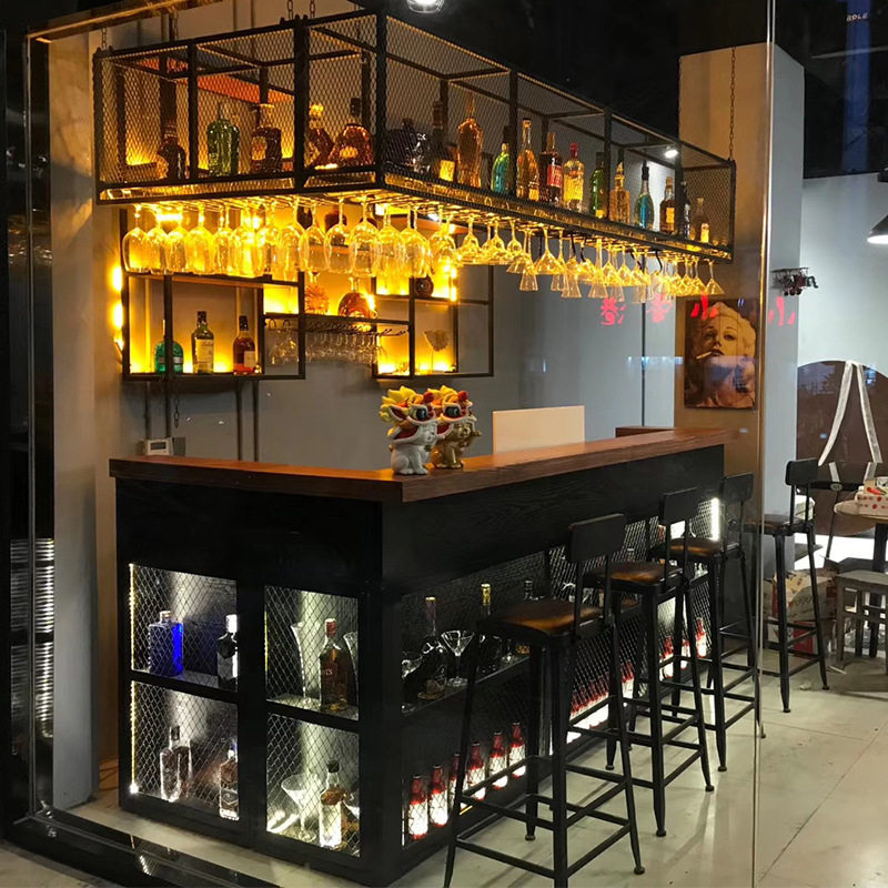 铁艺酒吧吧台餐厅烧烤店清吧实木操作台前台工业风复古收银台转角