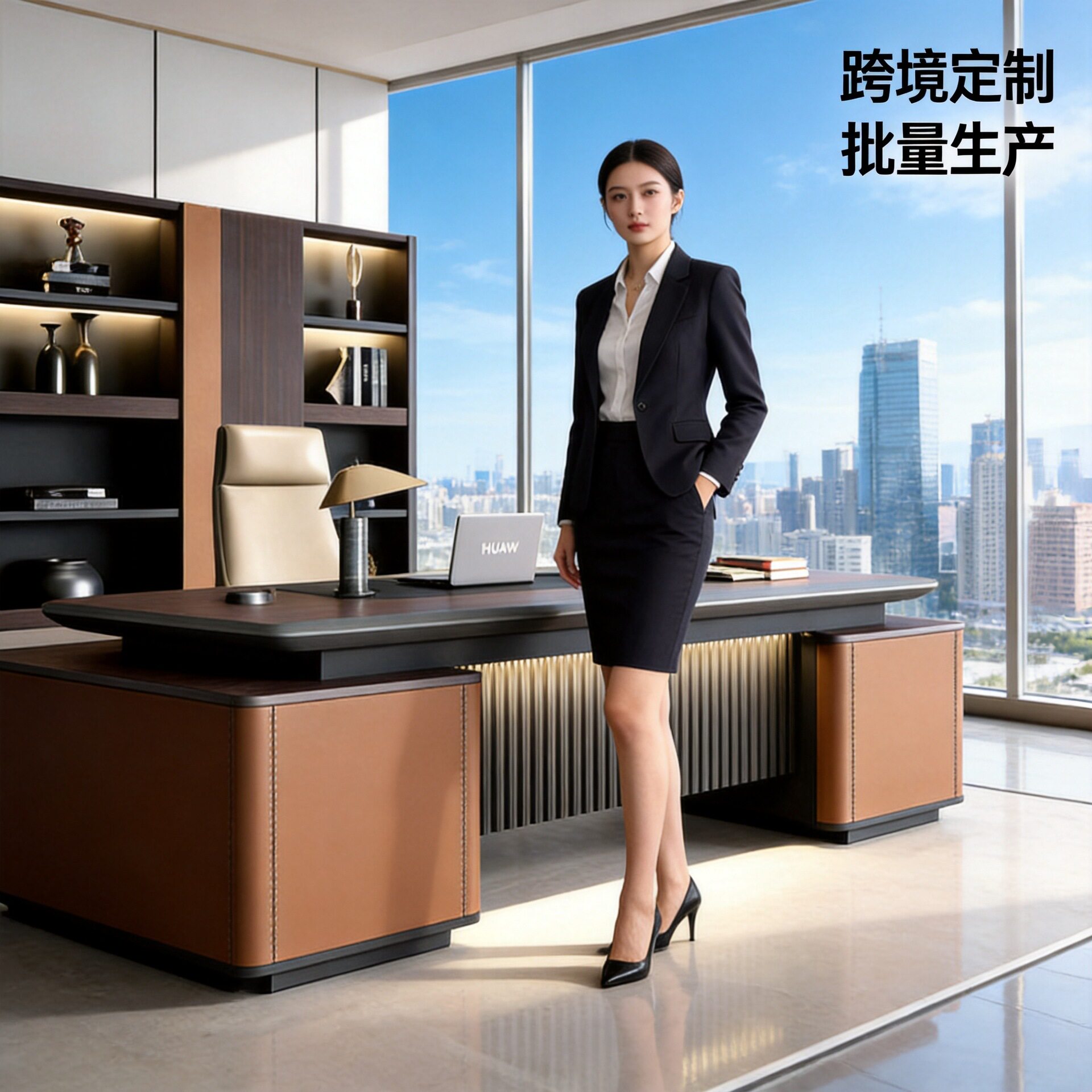 高档办公桌老板桌轻奢高级感意式董事长总裁大班台新中式桌椅组合