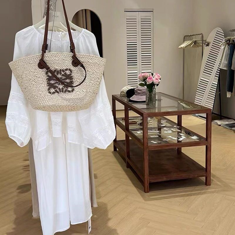 服装店胡桃色全实木中岛柜置物架陈列中间摆台饰品展示架玻璃