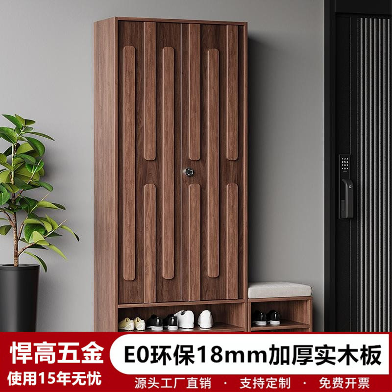 中式家用门口实木鞋柜门外走廊收纳柜带锁玄关柜中式储物柜换鞋凳