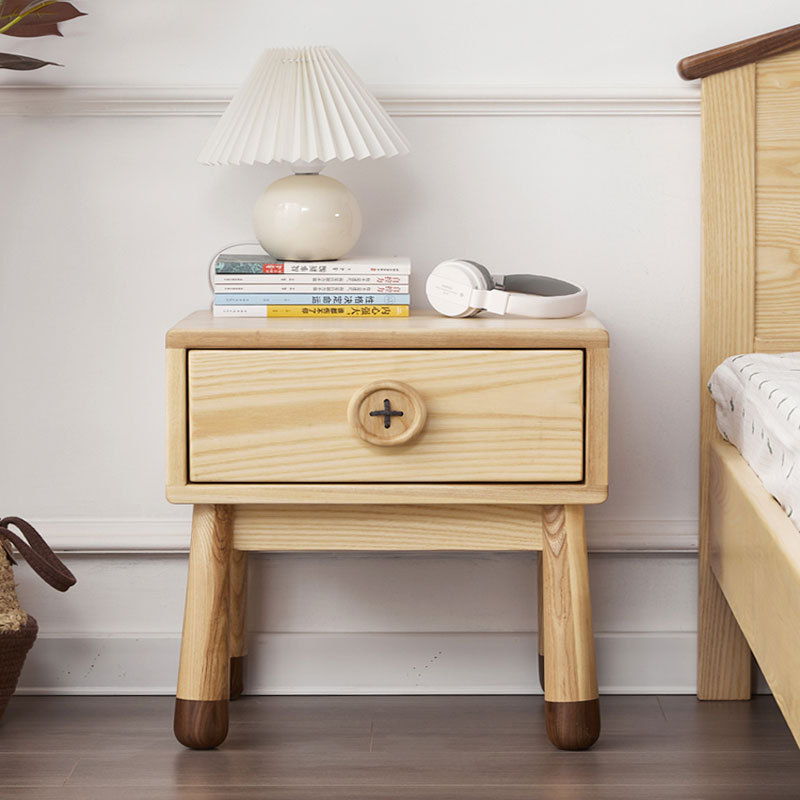 全实木儿童床头柜 纽扣收纳柜 白蜡木环保简约单抽约储物柜卧室家