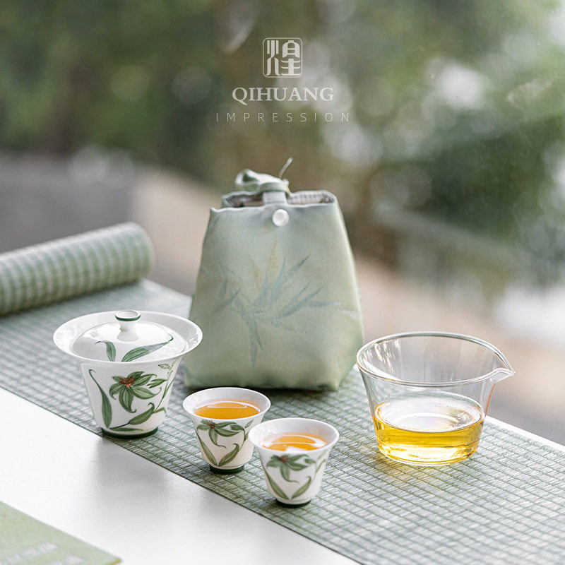 起煌手绘鸢尾花旅行茶具 陶瓷茶壶快客一壶二杯便携户外喝茶盖碗