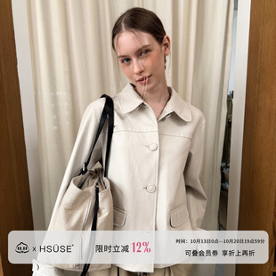 HSUSE曙色秋冬新款皮革单排包扣复古休闲皮衣翻领夹克日常外套女
