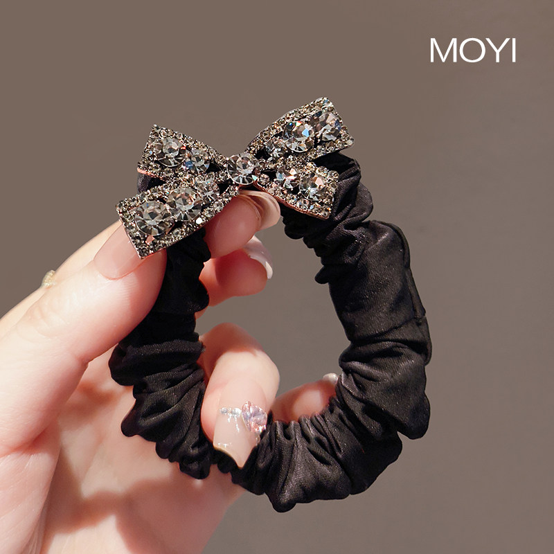 韩国气质黑色大肠圈高级感水晶微钻蝴蝶结头扎高马尾头绳高弹力女