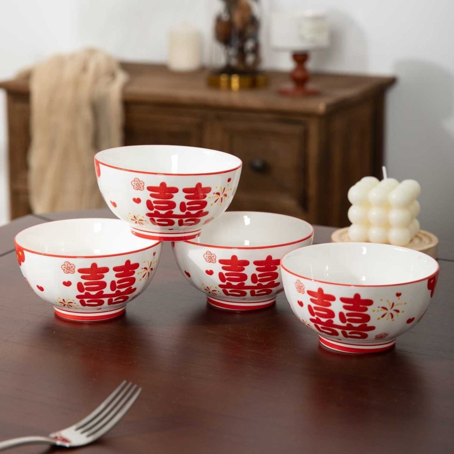烟花喜庆乔迁结婚供奉国潮中式过年食品级陶瓷碗家用中国红碗