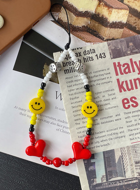 高颜值个性骰子黄色笑脸爱心撞色ccd串珠手机链手腕带小挂绳挂件