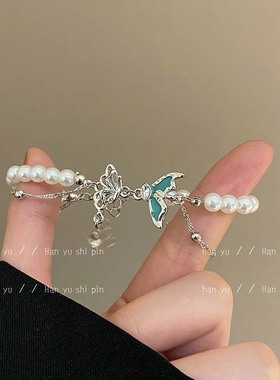 日式蓝色珐琅蝴蝶手链女百搭时尚甜美双层仿珍珠手环小众高颜值手