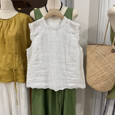 花边设计无袖苎麻套头衬衫女25夏季新款高品质宽松圆领木耳边小衫