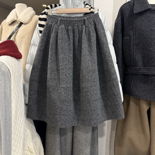 羊毛呢花苞半身裙女2025冬季 松紧腰A字中裙气质百搭遮胯伞裙 新款