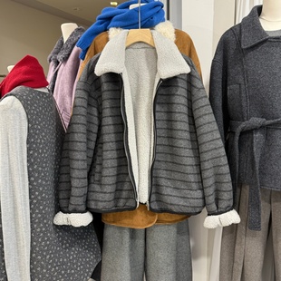 韩系复古内里羊羔毛条纹外套女2025冬季新款加厚保暖显瘦洋气上衣