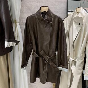 2026春季新款韩系时尚PU皮衣外套风衣女中长款立领系带小个子上衣