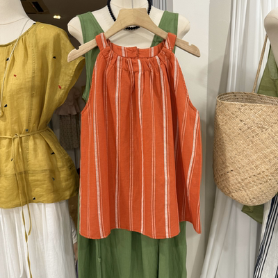 辣妹穿搭苎麻背心女2025夏季新款圆领条纹无袖小衫宽松挂脖上衣
