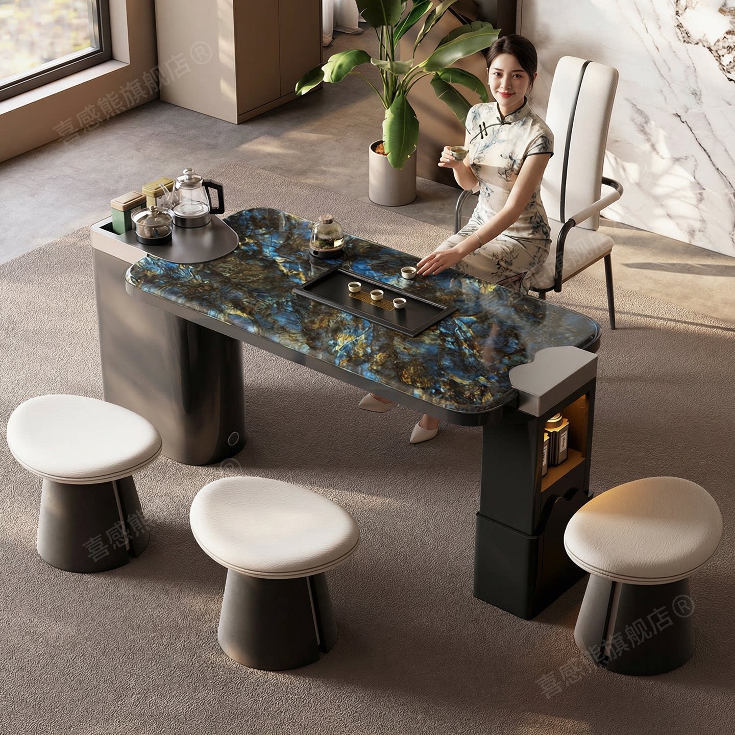 轻奢茶桌椅组合现代简约家用阳台小茶桌高级感奢石茶桌办公室茶台