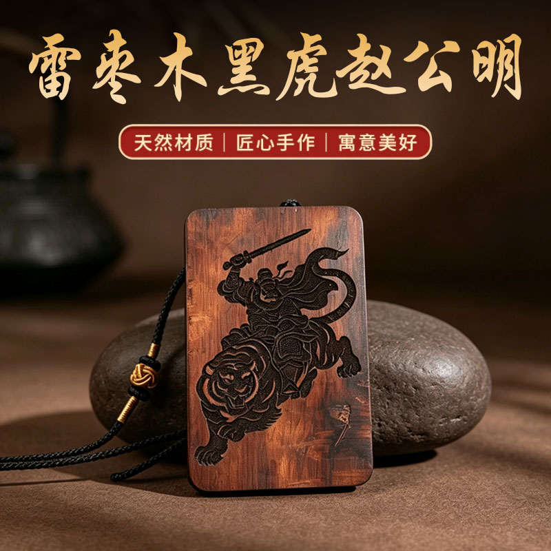 法物通流雷击枣木福牌五路财神赵公明吊坠令牌挂件文玩项链木雕刻