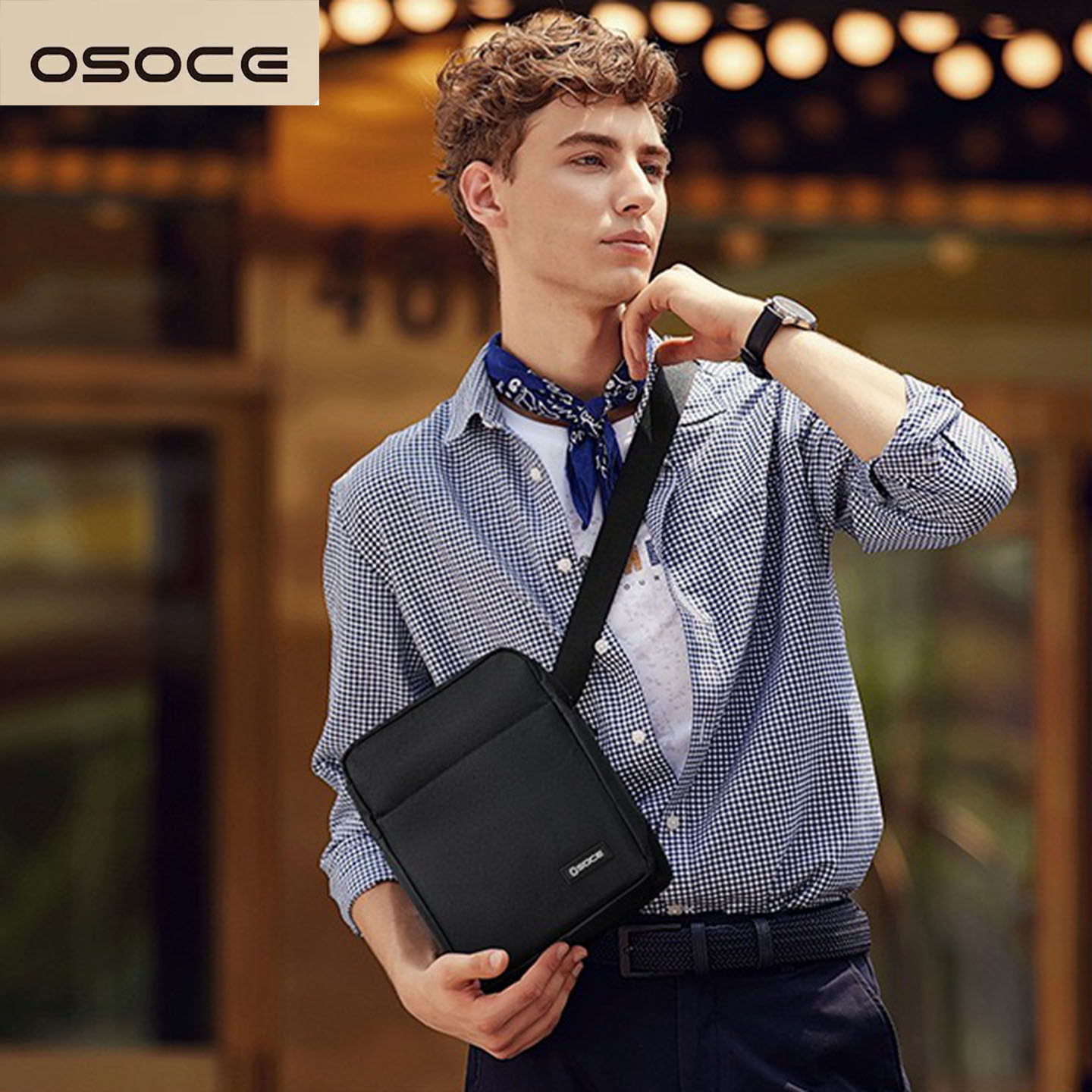 OSOCE单肩包商务风斜挎包男士防水轻便多功能黑色小包8英寸电脑包